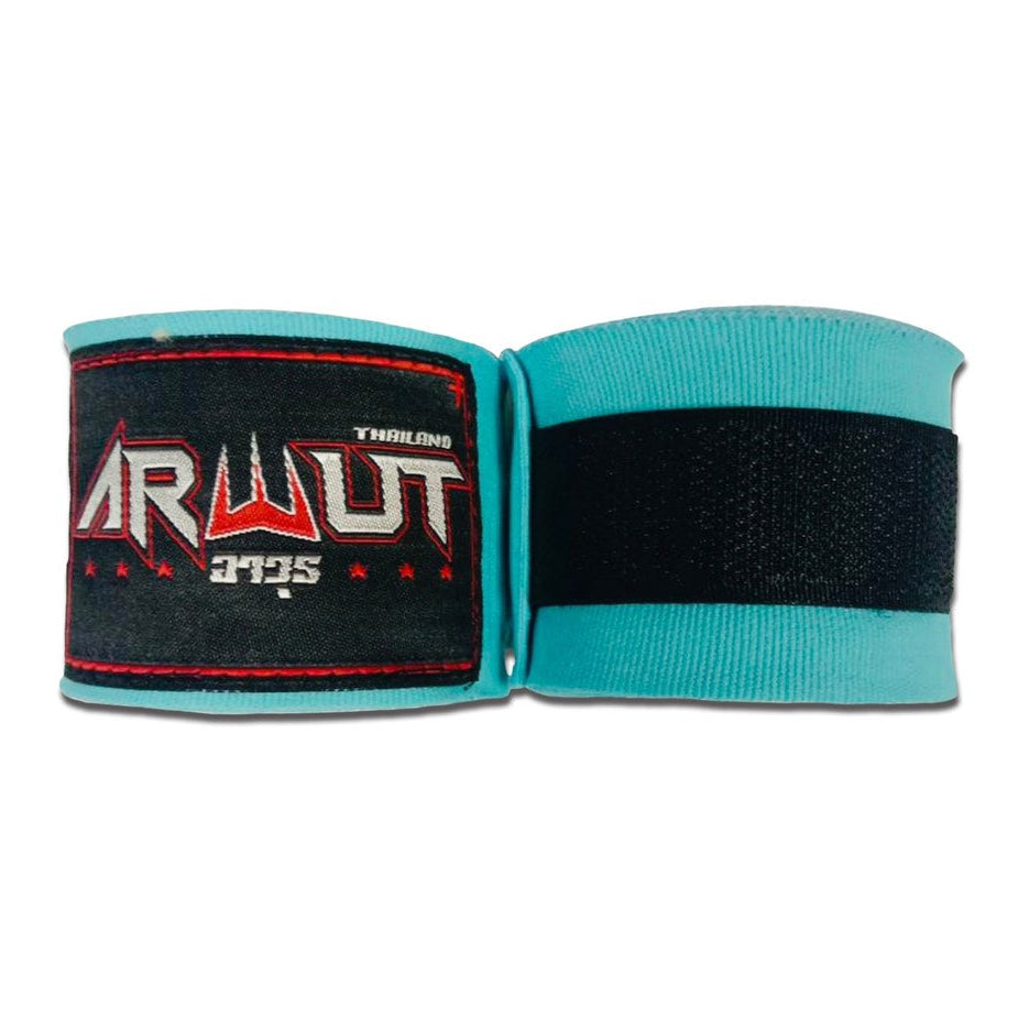 Turquoise boxing hand wrap with black accent and brand logo on a white background