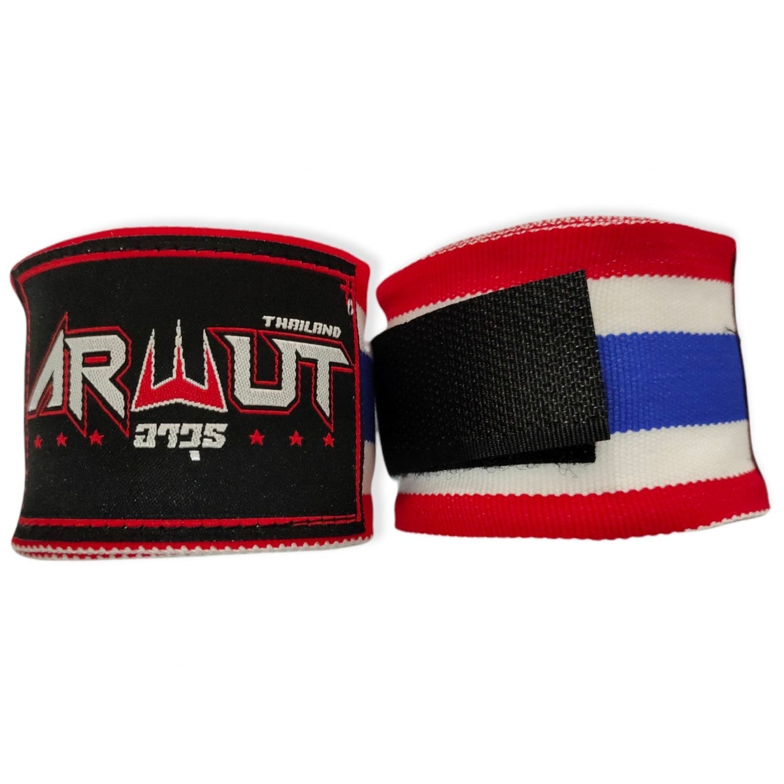Pair of Thai inspired boxing hand wraps with a visible brand logo on a white background.