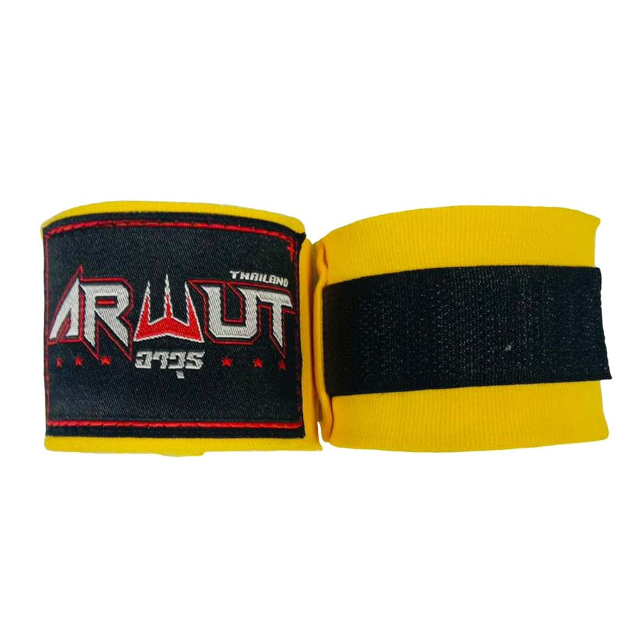 Pair of yellow boxing wraps with a brand logo on a white background