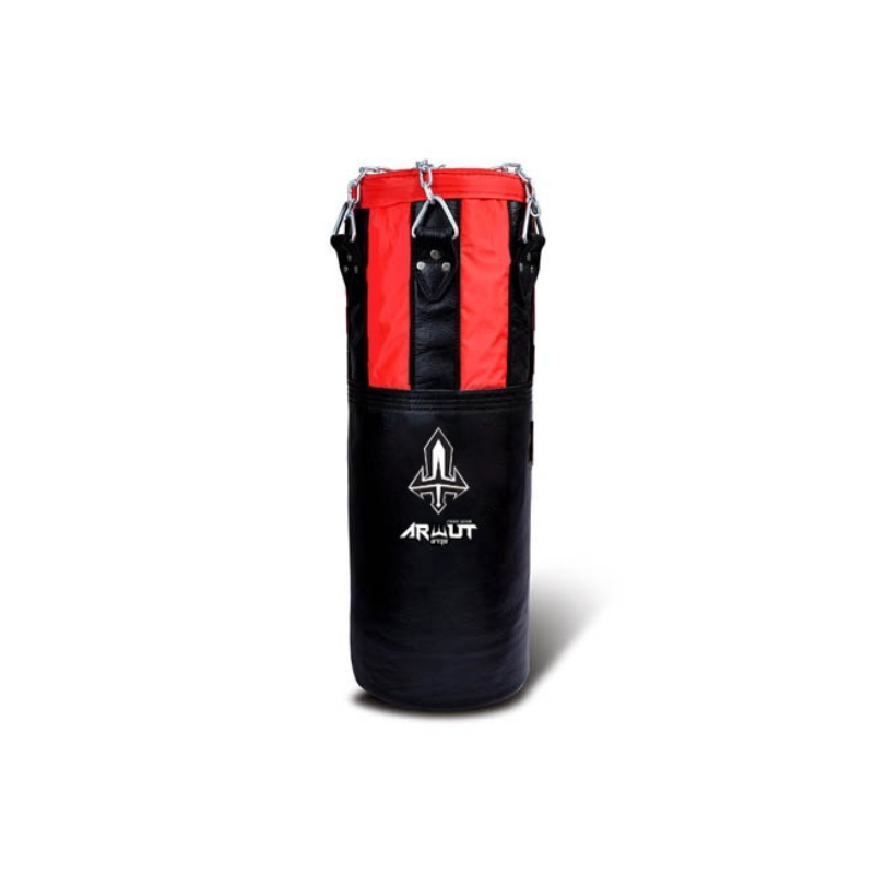 Black and red punching bag with a visible brand logo on a white background