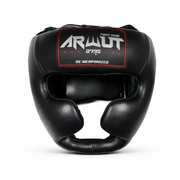 Black boxing headgear with 'Arwut Fight Gear' branding on a white background
