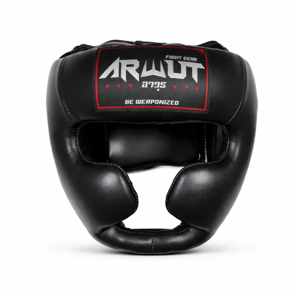 Black boxing headgear with 'Arwut Fight Gear' branding on a white background