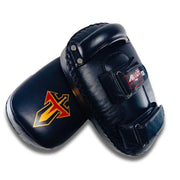 Pair of black Muay Thai pads with a visible brand logo on a white background