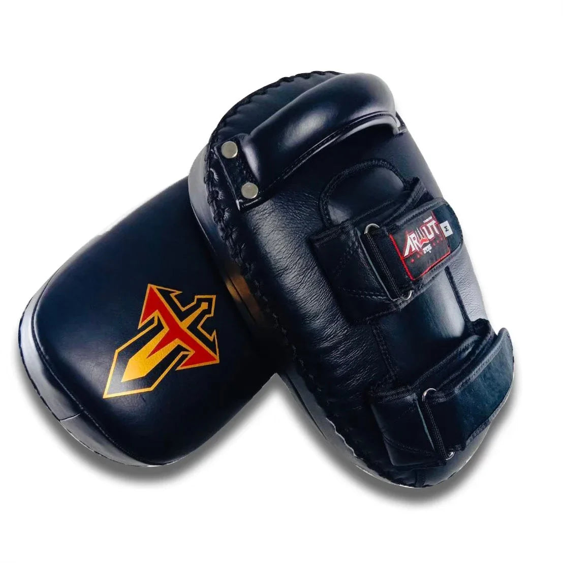 Pair of black Muay Thai pads with a visible brand logo on a white background