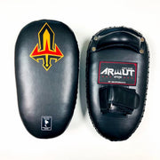 Black Muay Thai pads with a logo and brand name on a white background