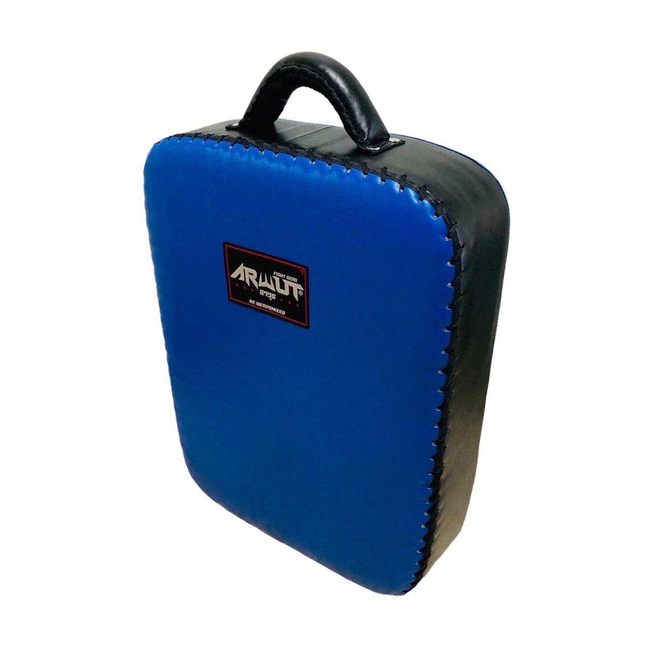 Blue and black kick shield with a brand logo on a white background
