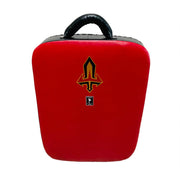 Red kick shield with a black handle and logo on a white background