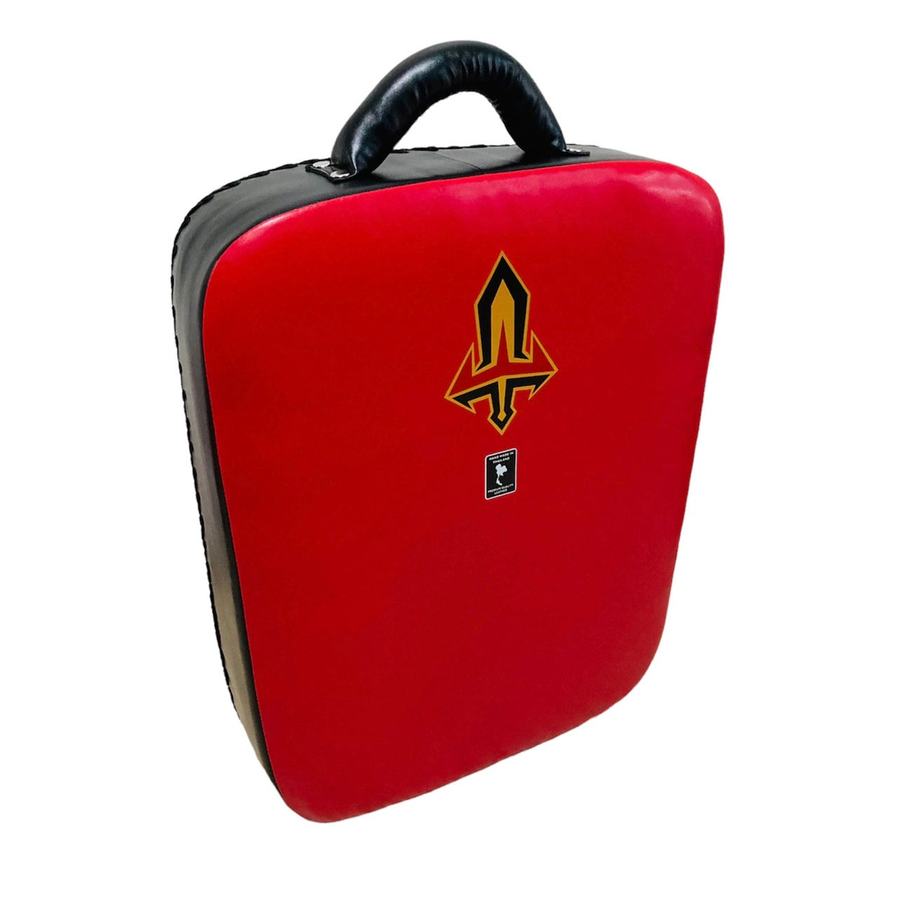 Red and black Muay Thai kick shield with a Arwut logo on a white background