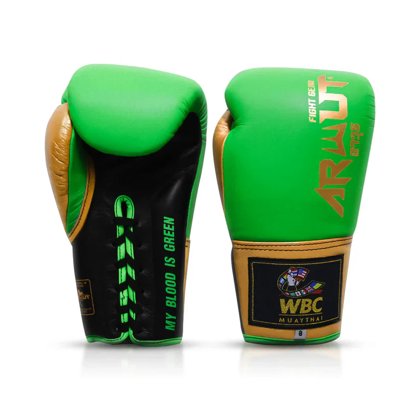 Green boxing gloves with gold accents and visible branding on a white background