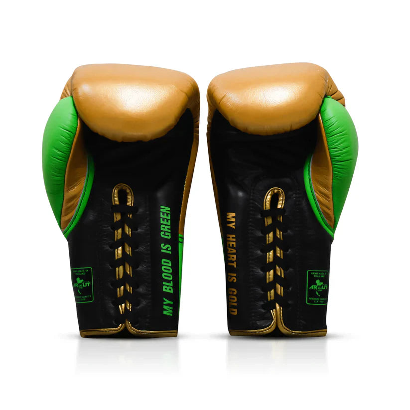 Pair of boxing gloves with gold, green, and black design on a white background
