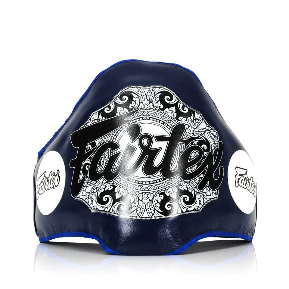 Blue boxing belly pad with Fairtex logo on a white background