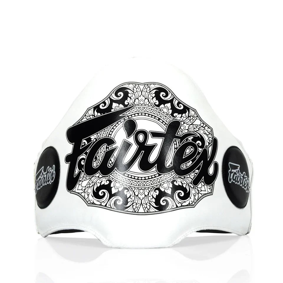 White boxing belly pad with black Fairtex logo on a white background