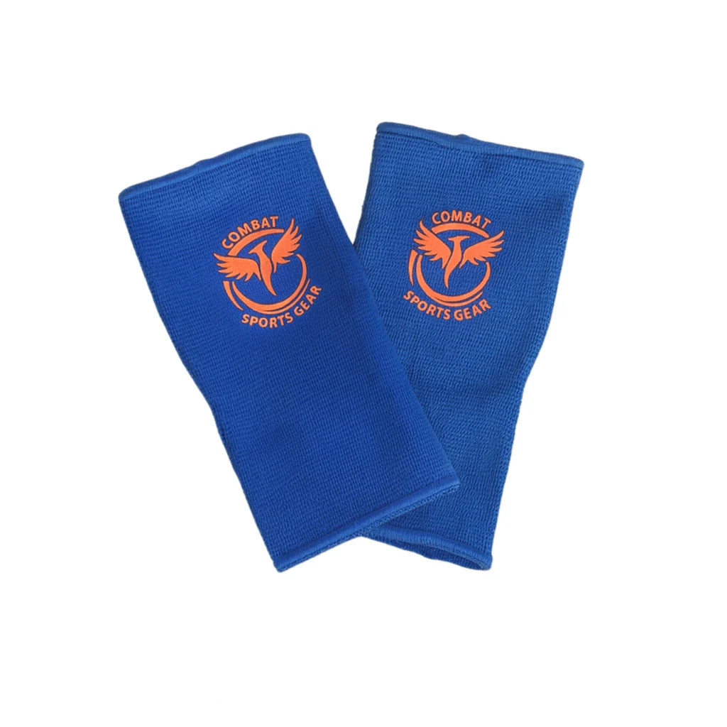 Two blue ankle guards with a logo on a white background