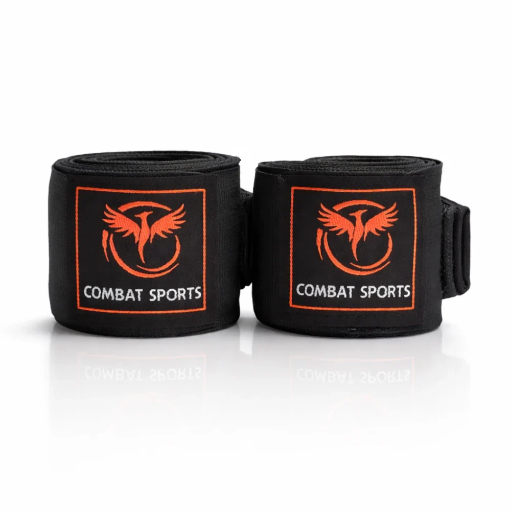 Two black boxing hand wraps with orange logo and text on a white background