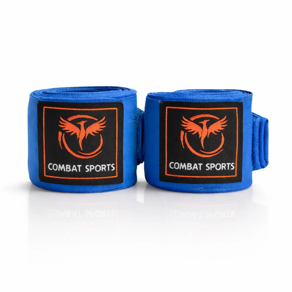 Pair of blue boxing hand wraps with Combat Sports logo on a white background