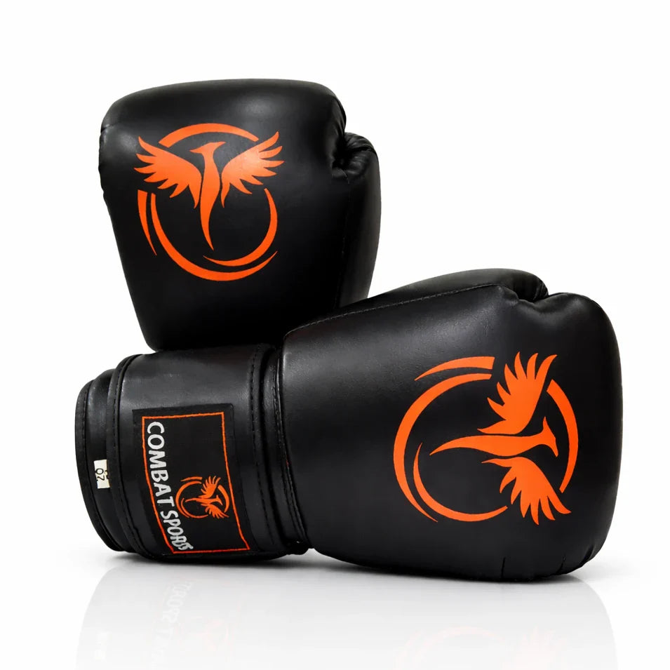 Black boxing gloves with orange logo on a white background
