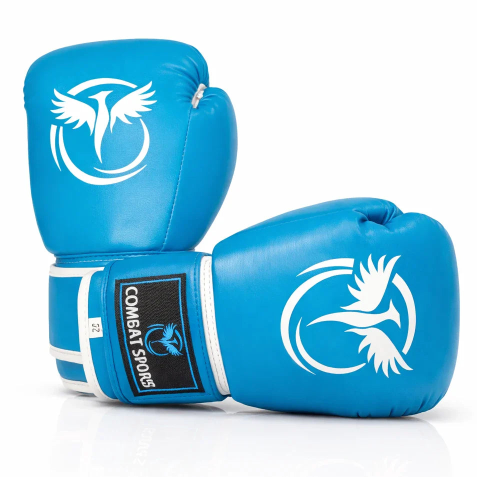 Blue boxing gloves with a logo on a white background