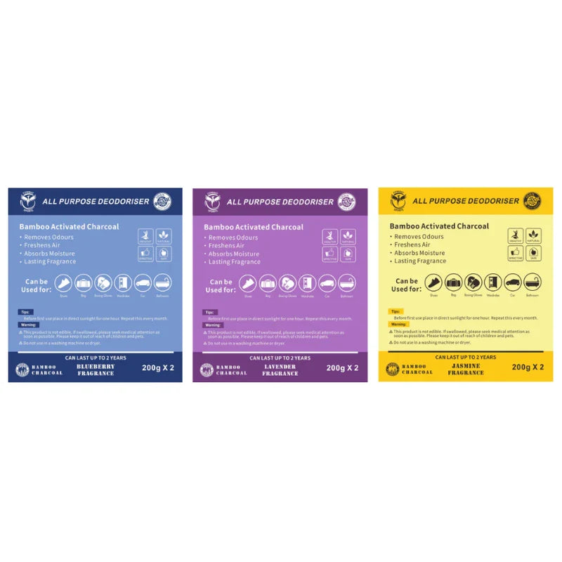 Three packages of all-purpose deodorizer with different color schemes on a white background.