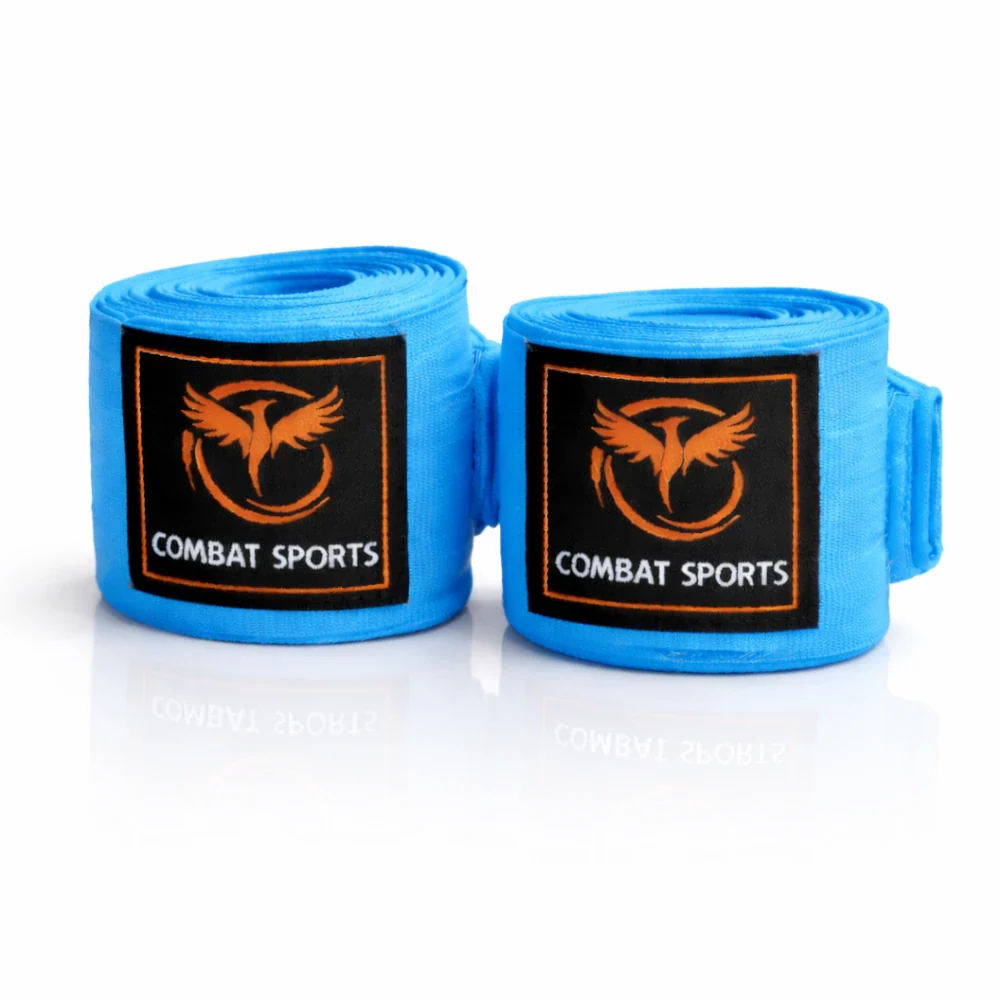 Two rolls of blue boxing hand wraps with Combat Sports logo on a white background