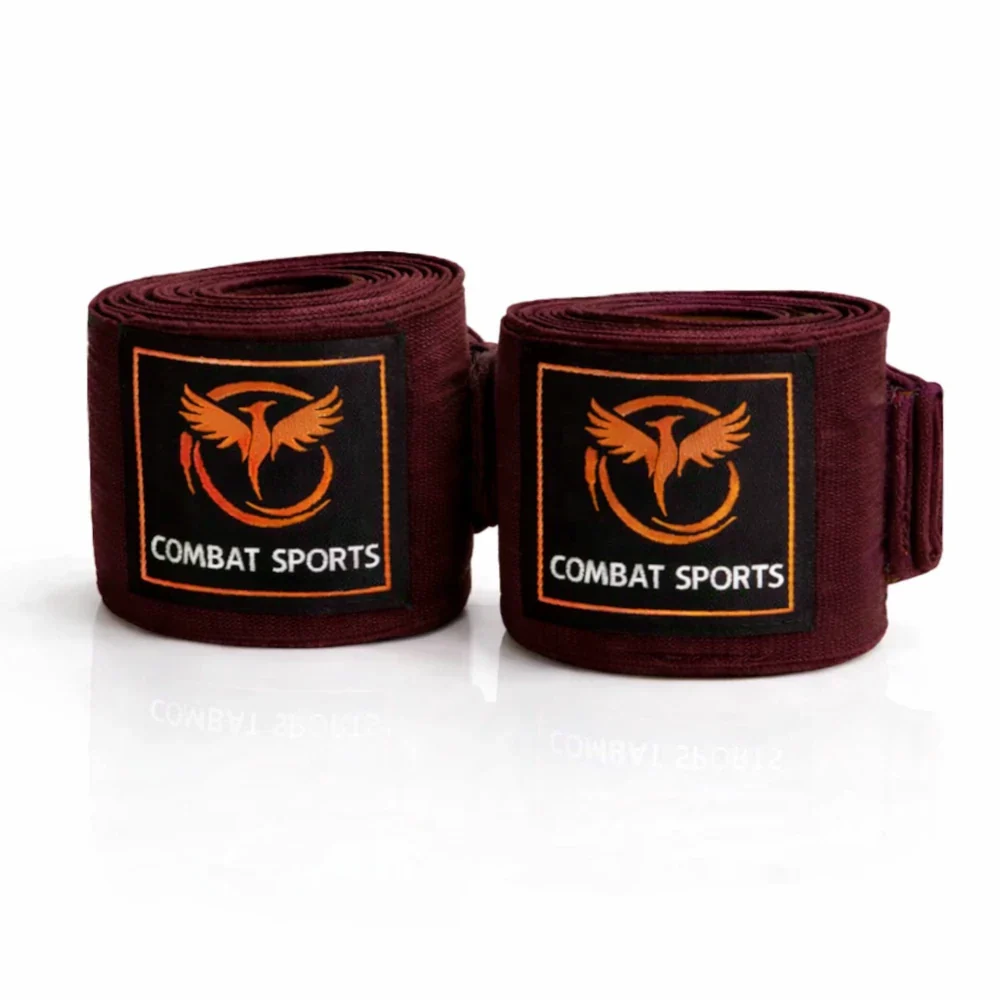 Two rolls of maroon boxing wraps with Combat Sports logo on a white background
