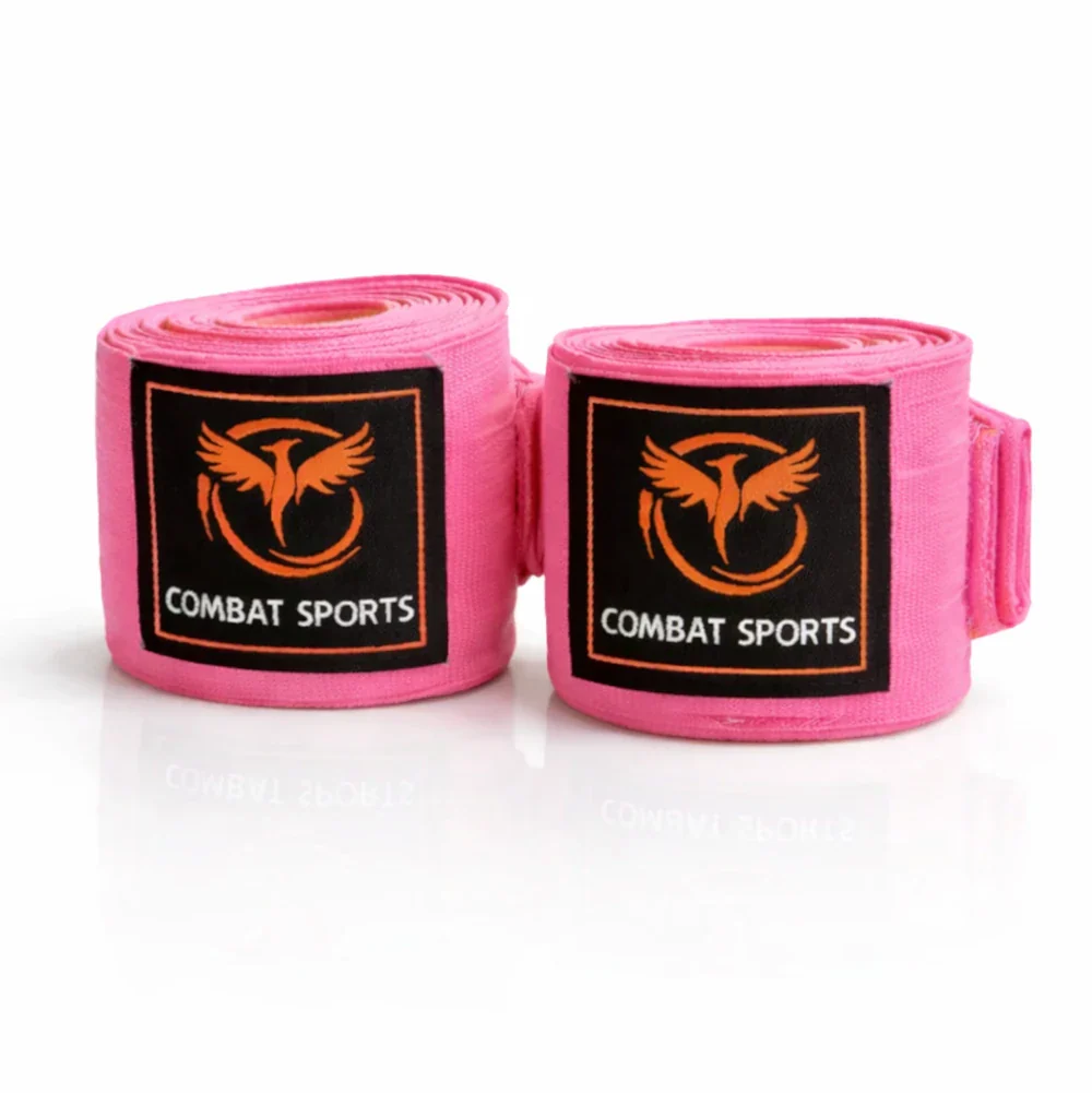 Two rolls of pink boxing hand wraps with Combat Sports logo on a white background