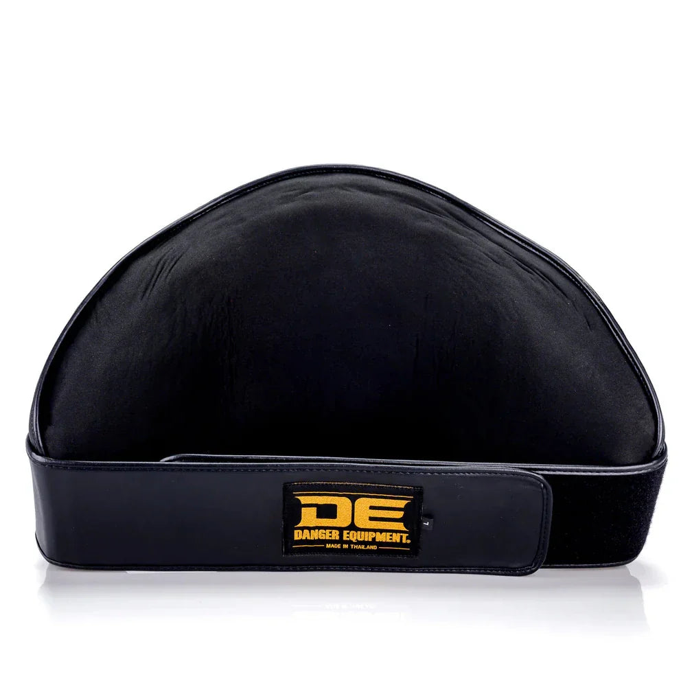 Black protective belly pad with a visible brand logo on a white background