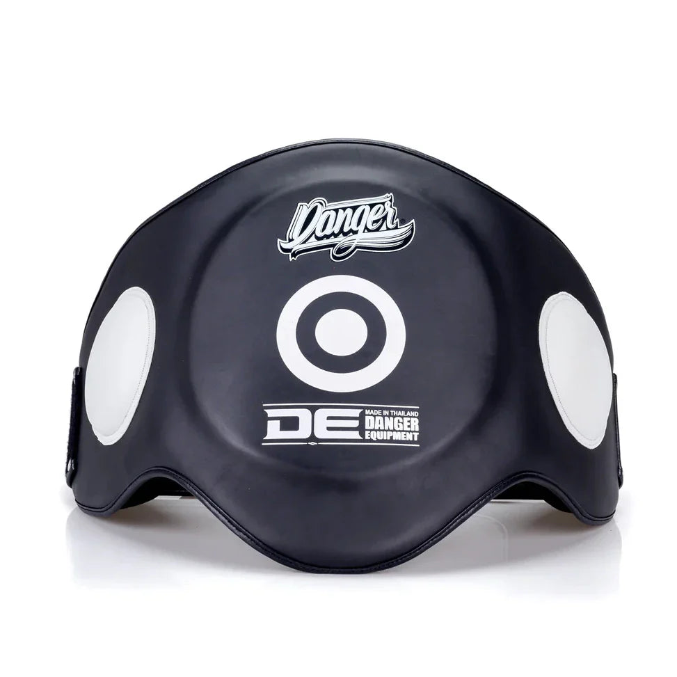 Black protective belly pad gear with white circular designs and 'Danger' branding on a white background