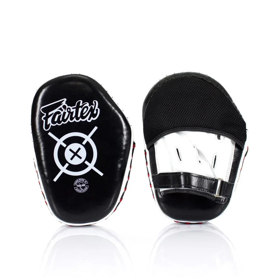 Black focus mitts with white logo on a white background
