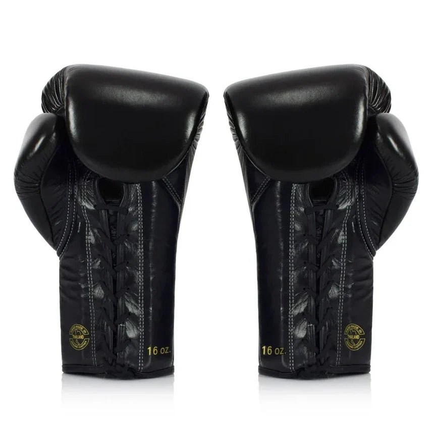 Pair of black boxing gloves with visible branding on a white background