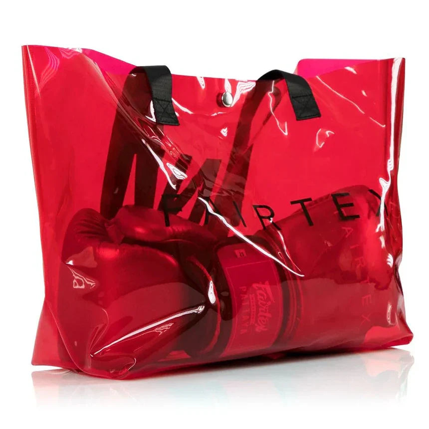 Red transparent tote bag with black text on a white background