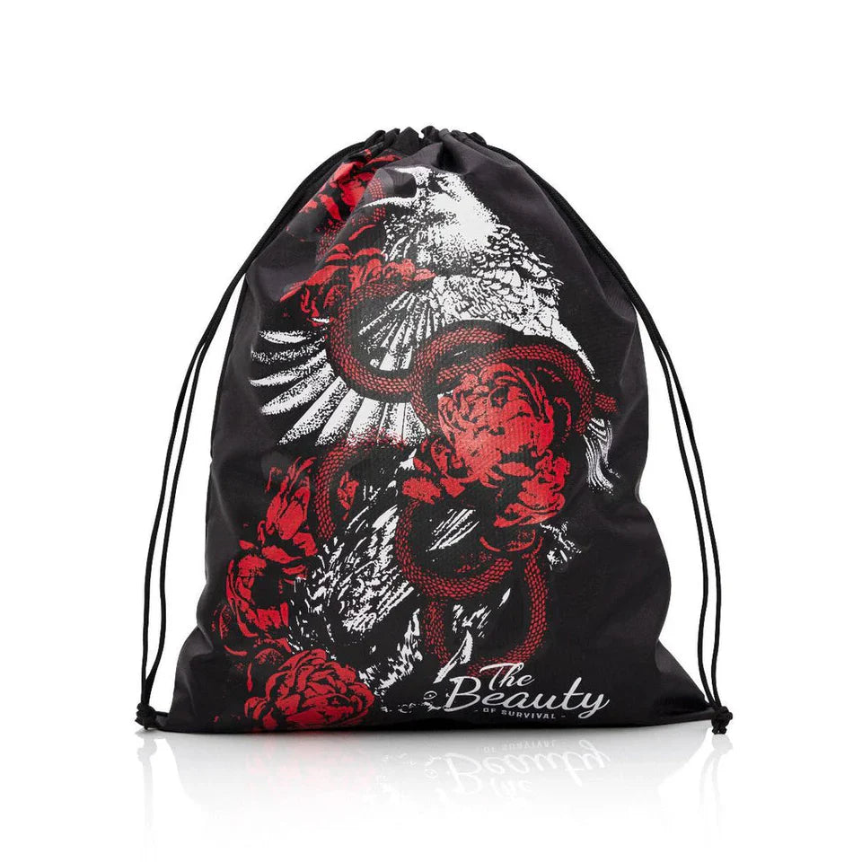 Black drawstring bag with red and white snake and bird design on a white background
