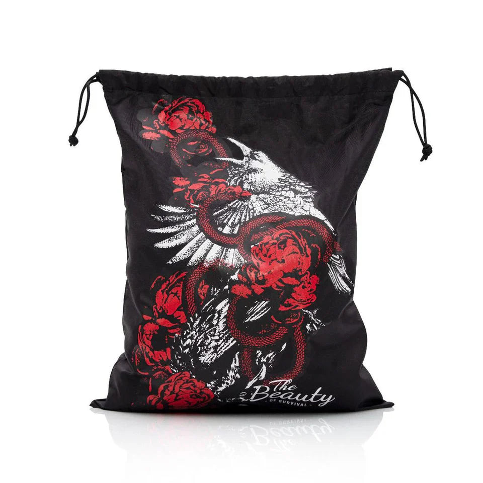 Black drawstring bag with red and white snake design on a white background