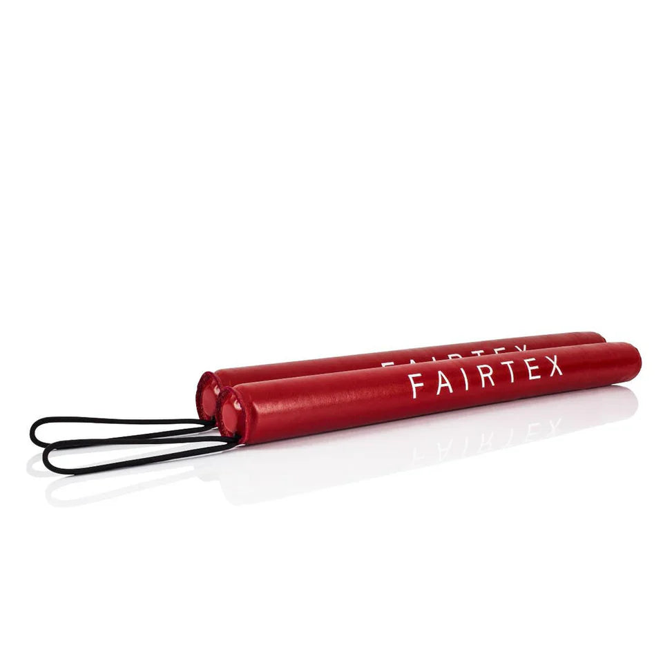 Red Fairtex boxing sticks on a white background