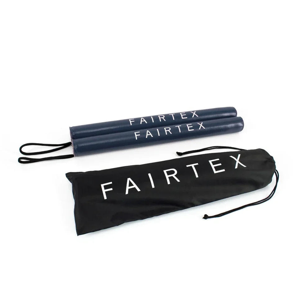 Two Fairtex boxing sticks with a black carrying bag on a white background