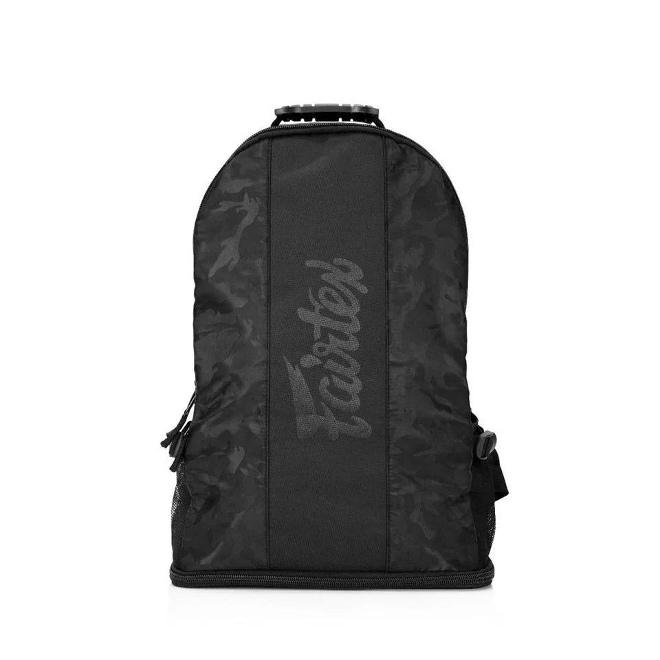 Black backpack with 'Farted' branding on a white background