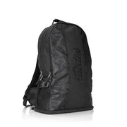 Black backpack with a brand logo on a white background