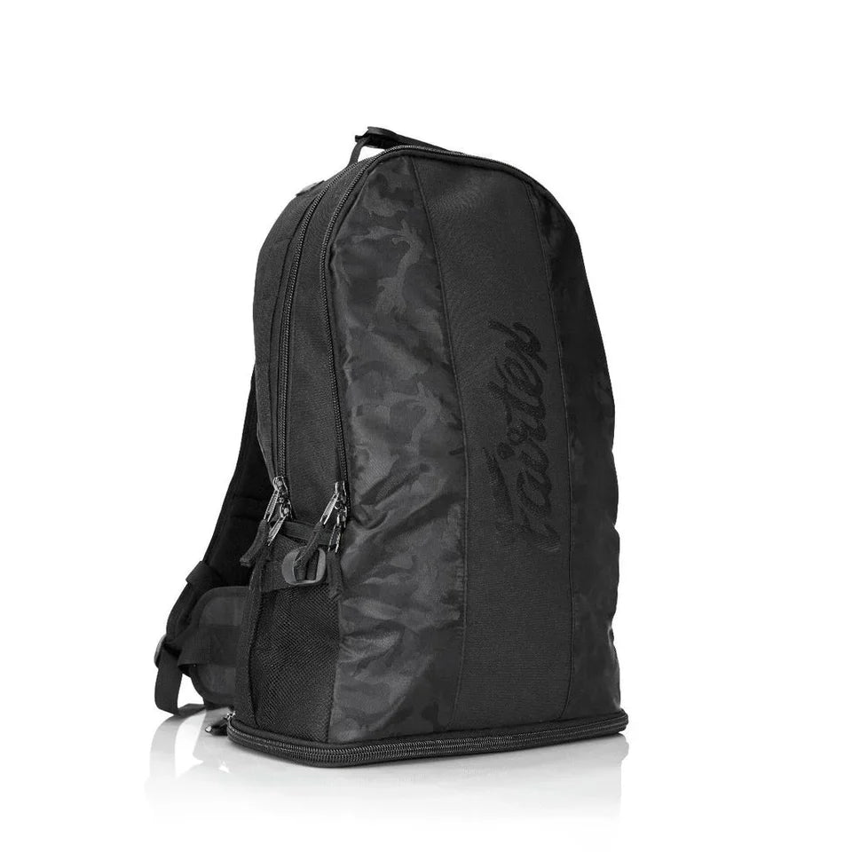 Black backpack with a brand logo on a white background