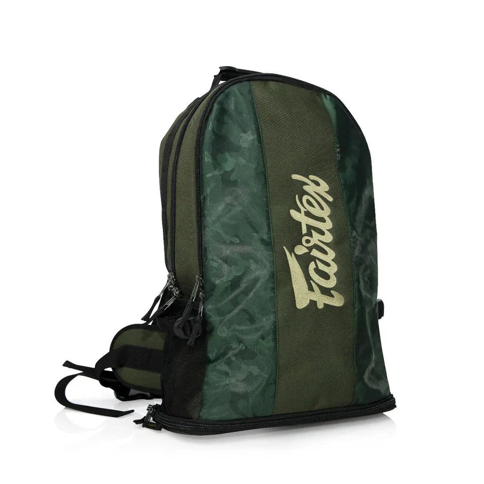 Green and black backpack with a brand logo on a white background