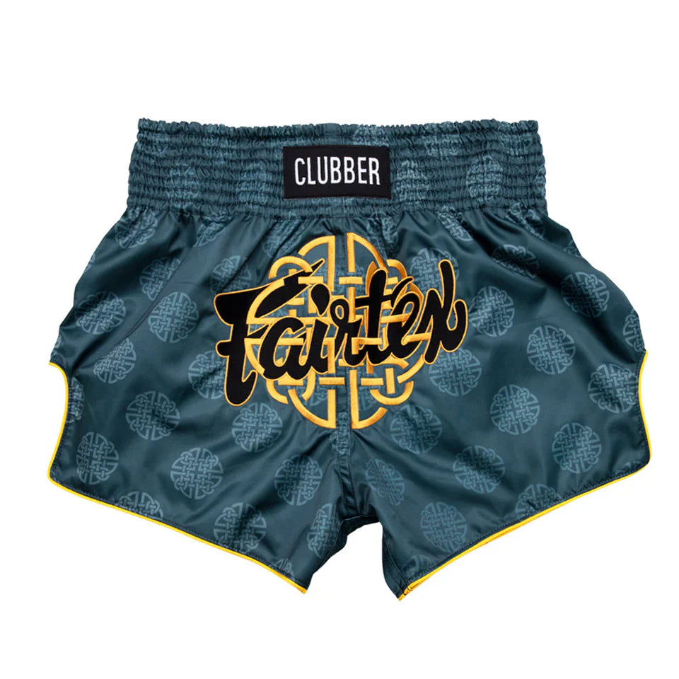 Green Muay Thai shorts with 'Faith' design and Clubber label on a white background