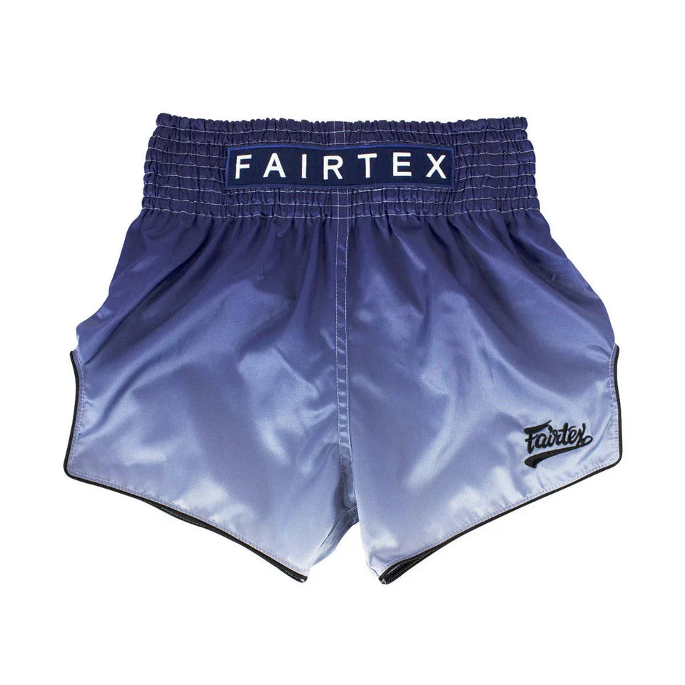 Blue Fairtex boxing shorts on a white background