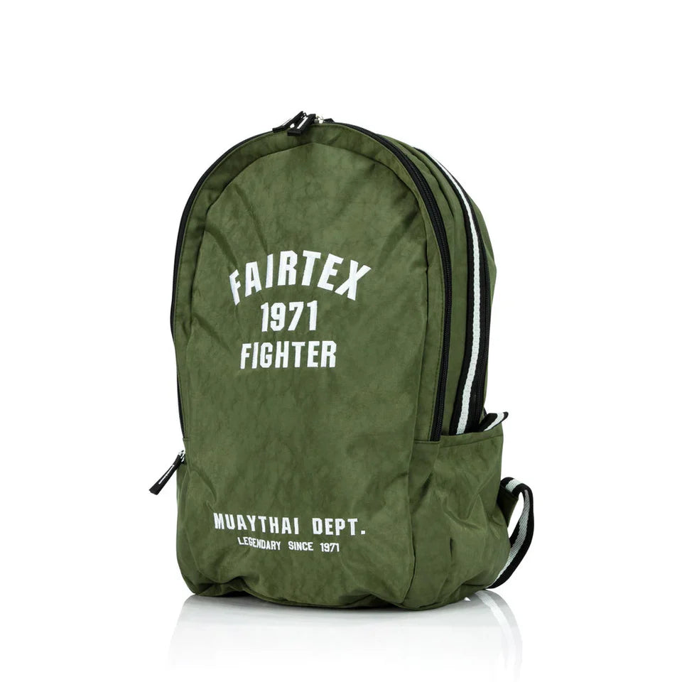 Green backpack with Fairtex branding on a white background