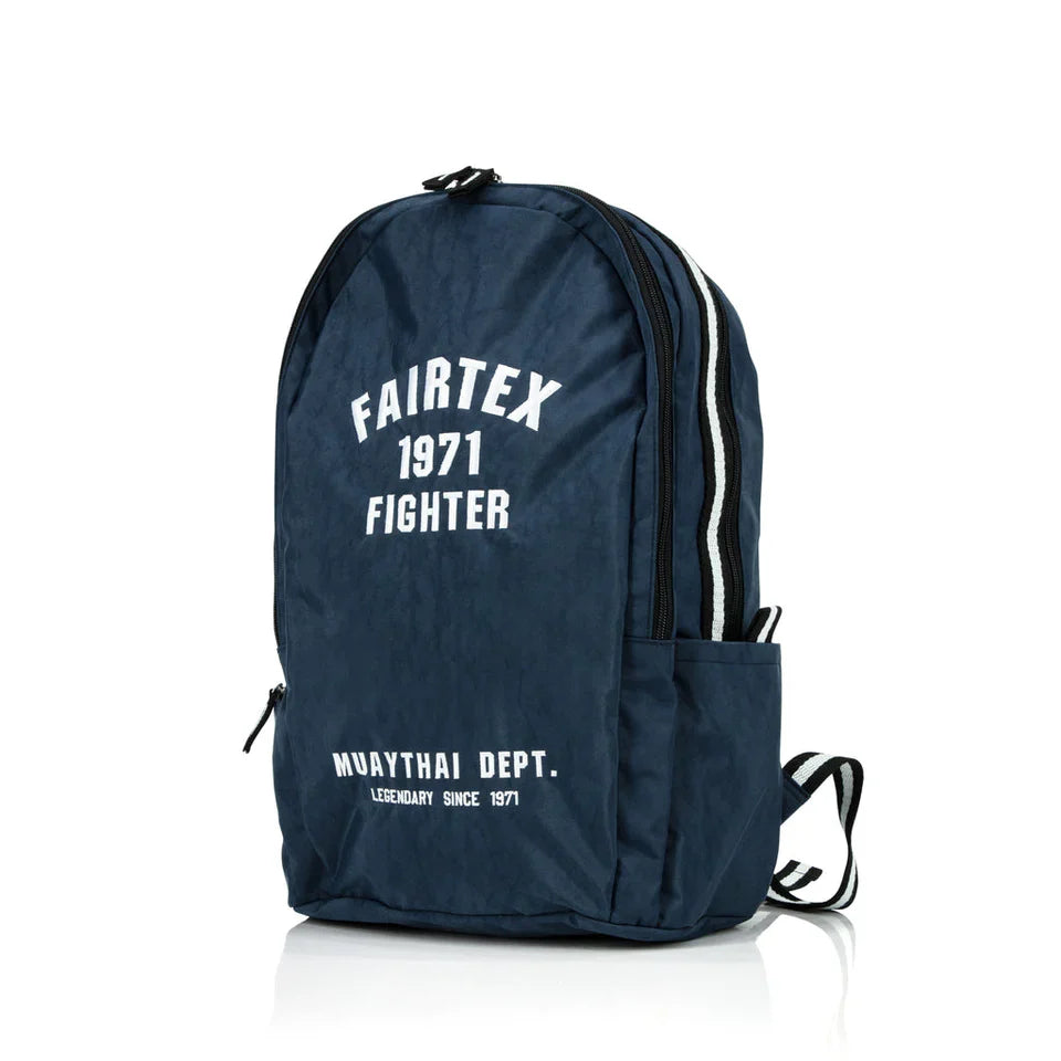 Navy blue backpack with white text on a white background