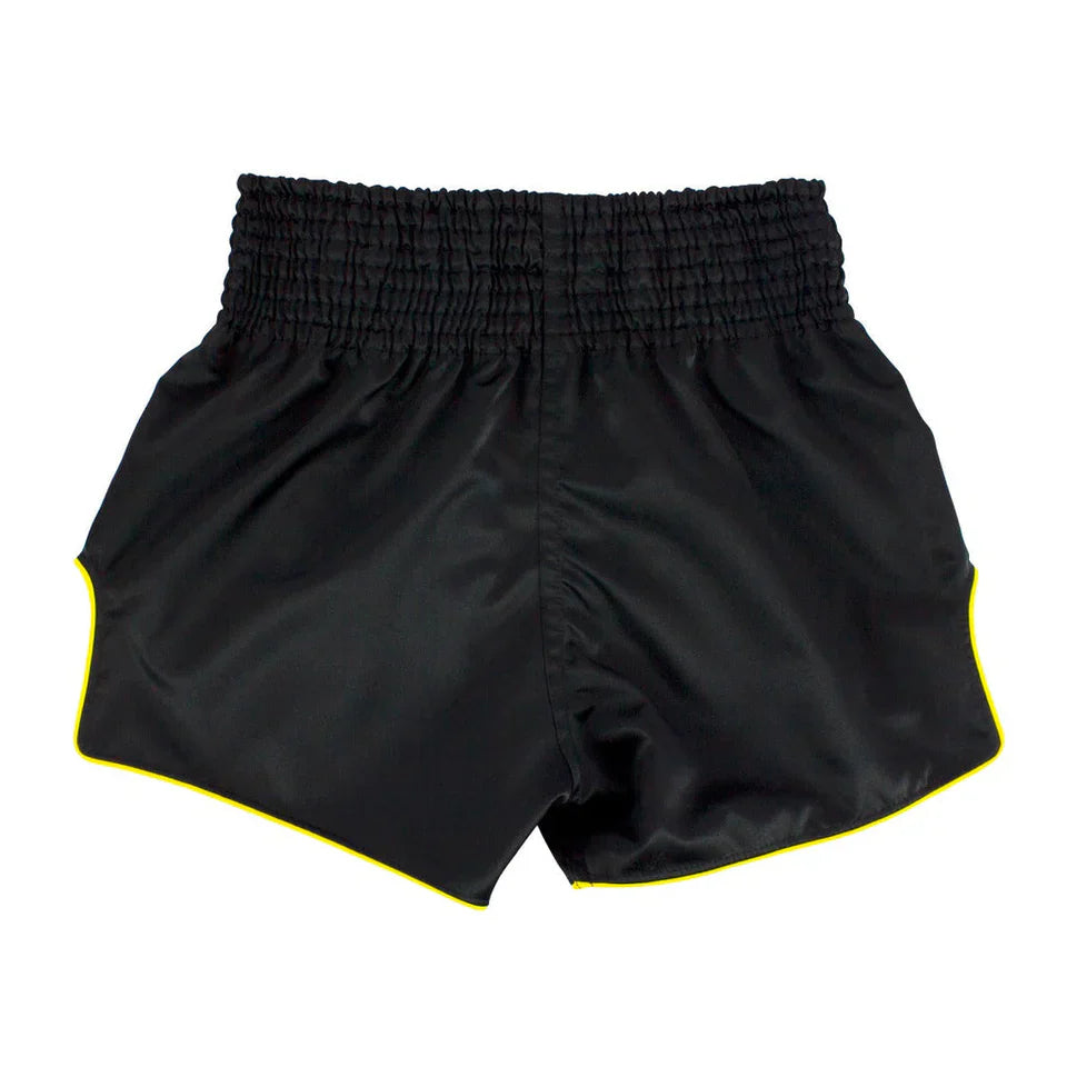 Black shorts with yellow trim on a white background