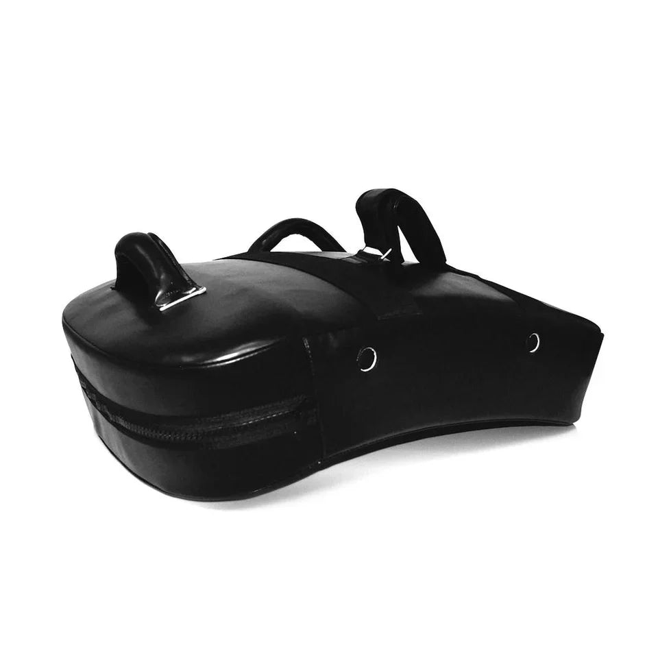 Black leather kick shield on a white background
