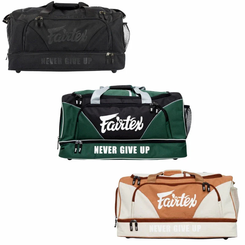 Three Fairtex bags in black, green, and brown with 'Never Give Up' text on a white background.