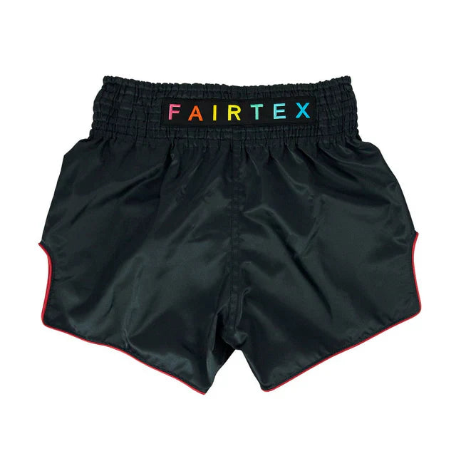Black Muay Thai shorts with Fairtex logo on a white background