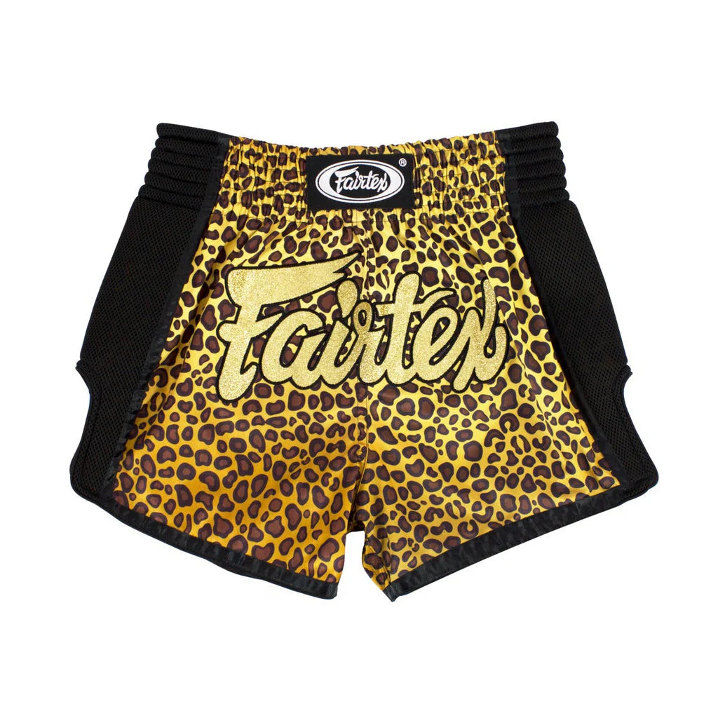 Leopard print Muay Thai shorts with 'Fairtex' branding on a white background