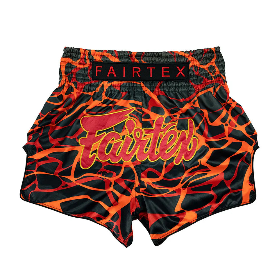 Fairtex Muay Thai shorts with flame pattern on a white background