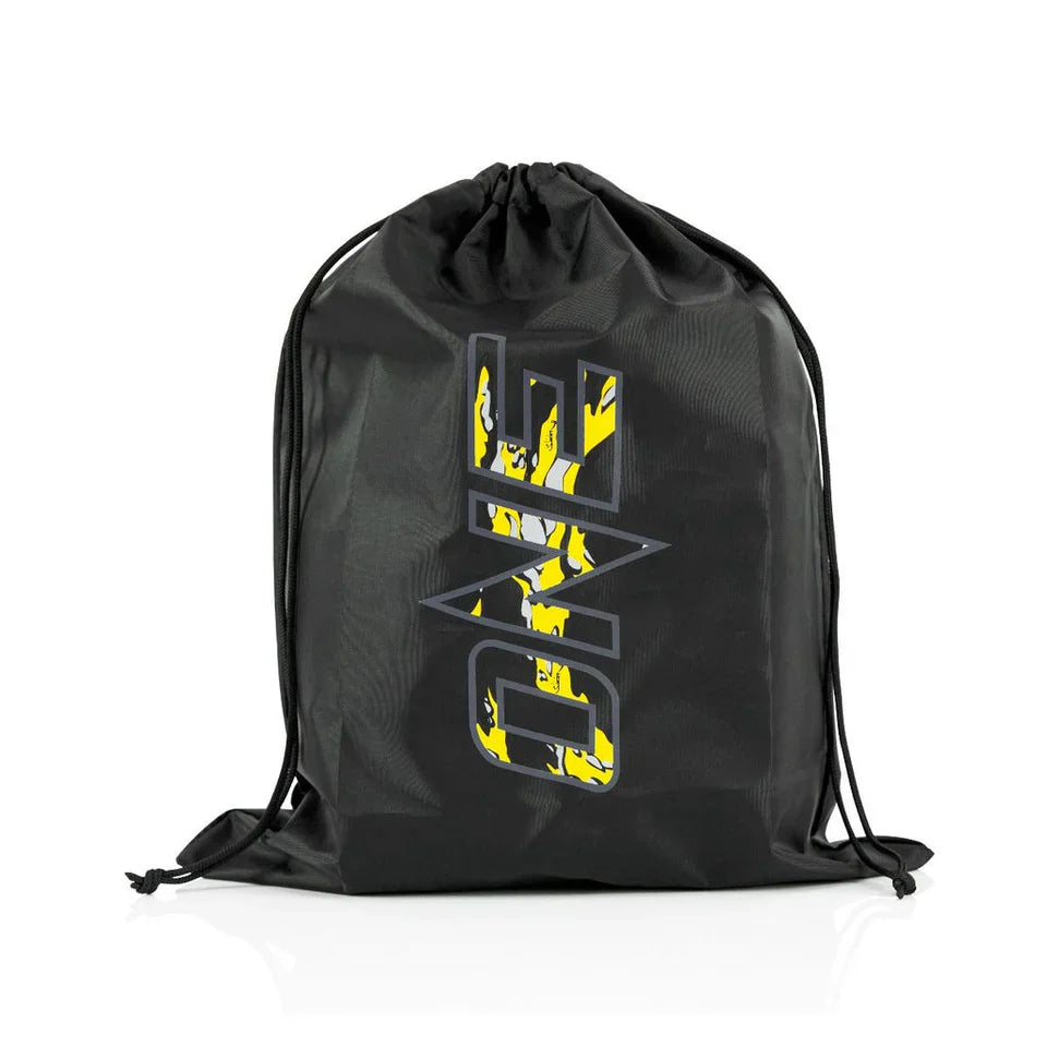 Black drawstring bag with a logo on a white background