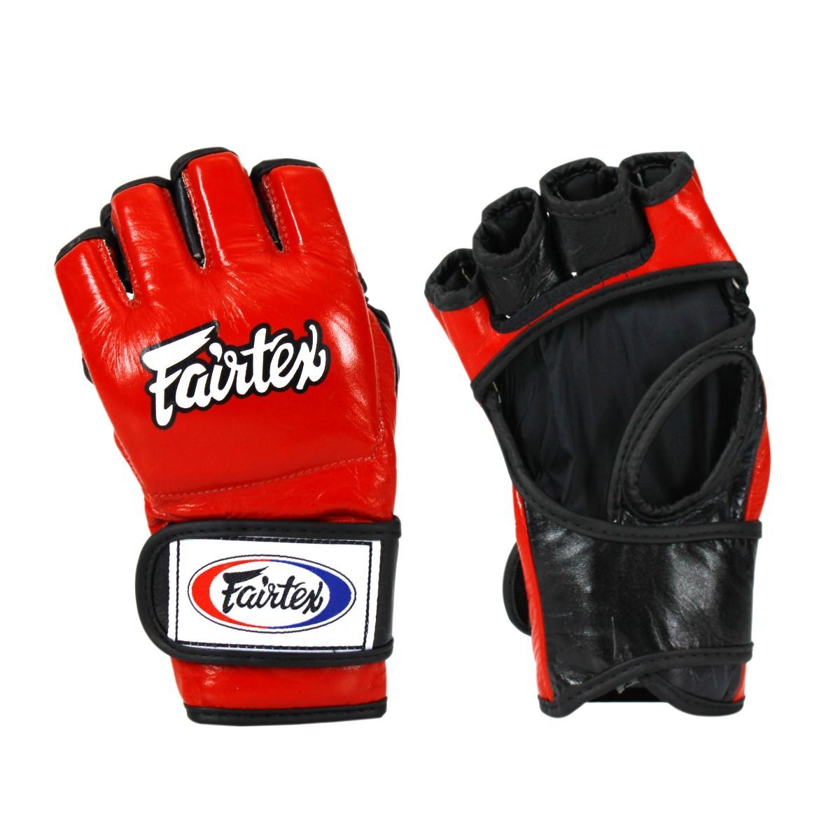 Red and black Fairtex MMA gloves on a white background